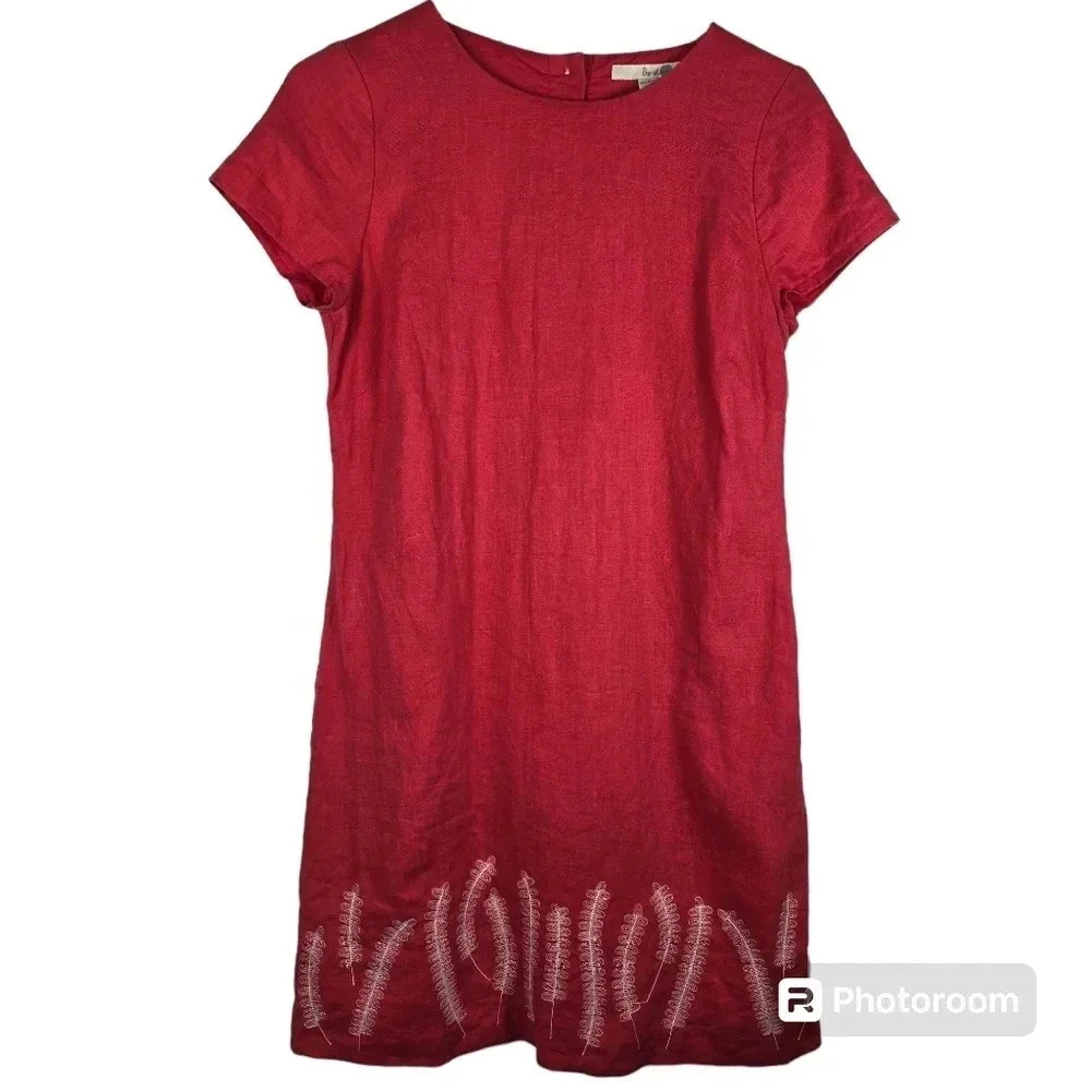 Boden Linen Sheath Dress Tomato Red w~White Embroidered Hem Size 4